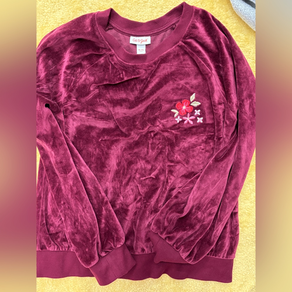 Cat & Jack Girl’s X-Large Velvet Crewneck Sweater - Burgundy